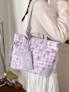 Purple checkered large tote bag with cartoon bear prints and matching small coin purse