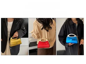 Three-pack showcase of glossy acrylic evening bags with gold chain straps in multiple colors