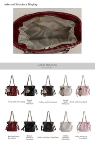 Detail view of quilted bucket bag interior zip pocket and 5 color options with bear pendant
