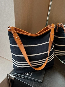 Large Capacity Striped Canvas Bucket Bag For Women Retro Casual Contrast Color Single Shoulder Crossbody Tote Bag For Travel Work