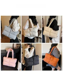 Detailed views of six colorful quilted puffer tote bags showcased in a cozy indoor setting