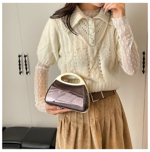 Detail of glossy brown acrylic box bag with golden circular handle and chain strap