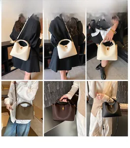 Vues détaillées du sac seau en cuir rétro montrant diverses couleurs et styles de port