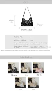 Detailed view of women's rivet shoulder bag showing size 32x16x10cm and five available colors