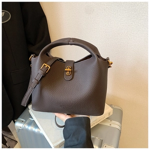 Détail d'un sac à main en cuir marron foncé avec motif litchi et fermoir doré chic