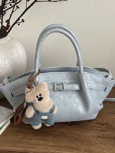 Women Fashion PU Leather Bucket Bag Small Tote With Bear Pendant Solid Color Shoulder Crossbody Bag For Office Daily Commute