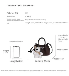 Size comparison of large capacity bucket bag with iPhone and detailed dimensions chart