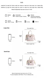 Size chart showing large and small bucket bags with dimensions and phone comparison