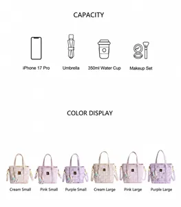 Detail showing checkered tote bag capacity with cute rabbit charm and three color options