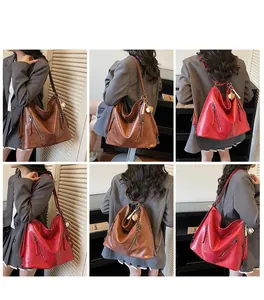 Multiple views of a vintage faux leather tote bag showing single and double shoulder styles