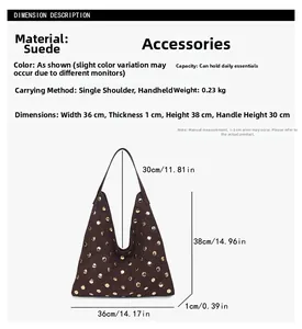 Detailed size specifications for the dark brown frosted leather tote bag with gold studs