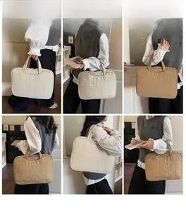 Multiple views of a quilted laptop sleeve featuring soft fabric and large capacity design