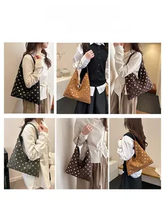 Detail of vintage tote bag with gold studs in suede-like fabric shown in various colors
