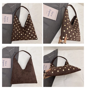 Detailed four-way view of brown suede tote bag with decorative gold studs and V-shape