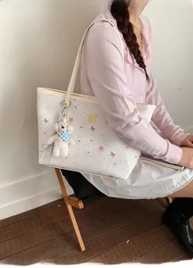 Vue détaillée du sac cabas blanc texturé avec motifs d'ours roses et breloque chien peluche