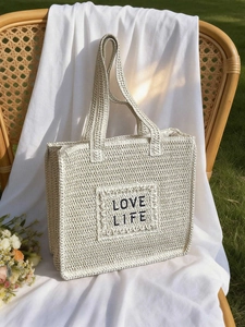 Sac Fourre-tout en Paille Tissé Décontracté pour Femmes Brodé Lettre Grande Capacité Ajouré Crochet Sac de Plage