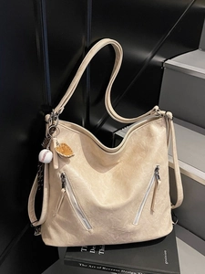 Vintage Synthetic Leather Shoulder Bag Large Capacity Tote For Women Commute Multi Functional Casual Hobo Bag With Baseball Charm