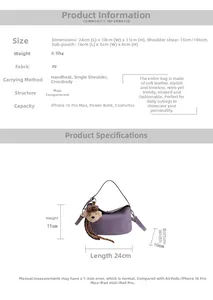Detailed size chart and purple PU leather crescent handbag with checkered bear charm