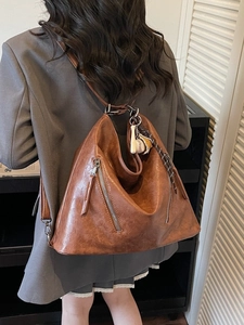 Retro brown large capacity tote bag with dual zippers and multi-way shoulder straps