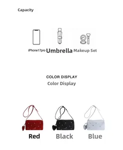 Détails de capacité du sac oreiller à rivets montrant le rangement pour téléphone et maquillage