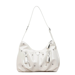 Minimalist cream white crescent shoulder bag with silver rivets and metal accents