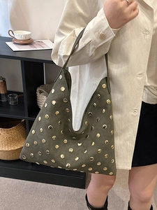 Retro olive green suede tote bag with golden rivets and spacious hobo shoulder design