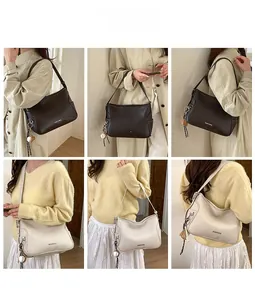 Collage of model carrying minimalist semi-circle shoulder bags in brown and beige colors