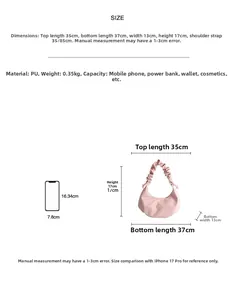 Size guide for pink pleated crossbody bag with dimensions and iPhone 17 Pro comparison