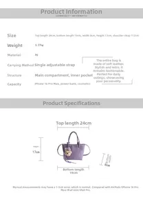 Detail view of purple PU leather bucket bag with dimensions and plush bear pendant
