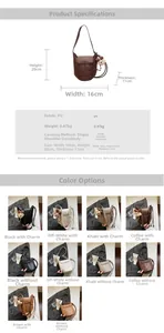 Detailed size chart and multi-color options for the vintage minimalist PU bucket bag