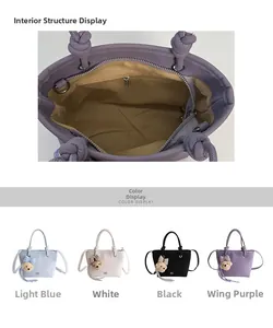 Detail view of the interior zipper pocket and multi-color bucket bag options with bear charm