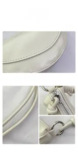 Vues détaillées du sac beige montrant les coutures fines, le zip argenté et la boucle en métal
