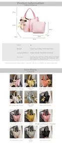 Size chart showing PU bucket bag dimensions and small pouch with dog charm detail
