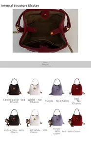 Détail du sac seau en daim avec poche zippée interne et quatre options de couleurs