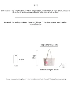 Tabella taglie dettagliata per borsa tote floreale con dimensioni e materiale PU
