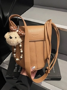 Retro Lychee Pattern Synthetic Leather Bucket Bag For Women Fashion Casual Shoulder Bag With Plush Charm Crossbody Bag