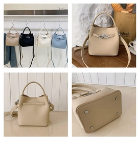 Detailed views of four colors of pebbled leather bucket bags with adjustable straps