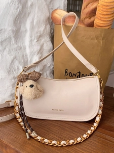 Retro French Style Synthetic Leather Shoulder Bag With Gold Chain For Women Simple Elegant Baguette Crossbody Handbag