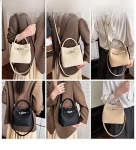 Collage of leather bucket bags showing hand-held and crossbody styling options