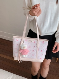 Borsa tote rosa con motivo a fiocco e ciondolo a orsetto per ufficio e studentesse