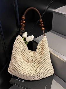 Large Capacity Hollow Out Crochet Knit Tote Bag For Women Beach Shoulder Bag With Wood Bead Strap Bohemian Summer Handbag