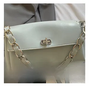 Detail shot of mint green PU leather handbag with silver chain and hardware lock