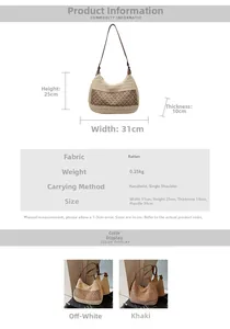 Detailed view of woven straw tote bag with faux leather straps and size dimensions