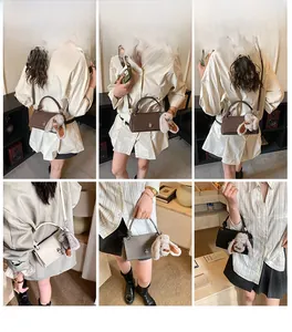 Multiple views of women's small square bags in four colors with cute rabbit pendant