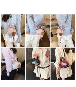 Collage of chic boston handbags in various colors featuring cute plush bear charms