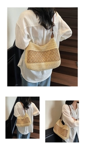 Detail of hand-woven straw tote bag with wave pattern and brown leather straps