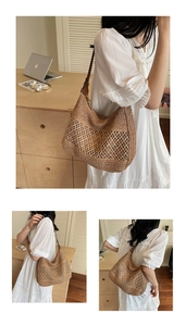 Detail of hand-woven straw hobo bag showing hollow mesh pattern and large capacity