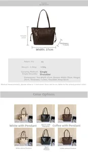 Detailed dimension chart showing capacity and strap length for this large PU tote bag