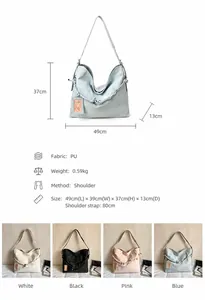 Detailed dimension chart for large capacity PU leather tote bag with measurements and color options