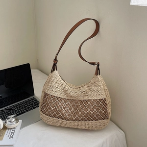 Minimalist straw hobo bag with hollow diamond knit and brown leather shoulder strap